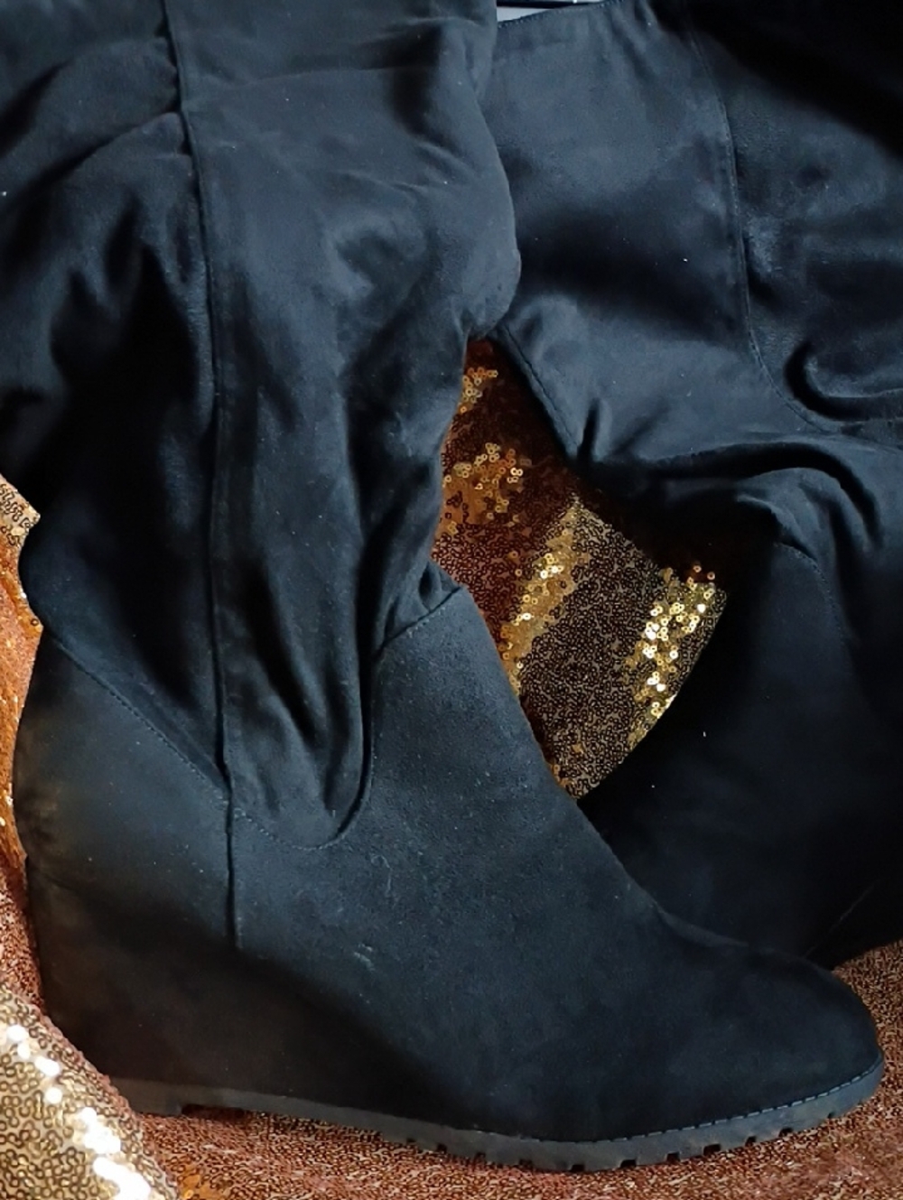 Black Wedge Knee-High Boots - Women's Heeled Boots